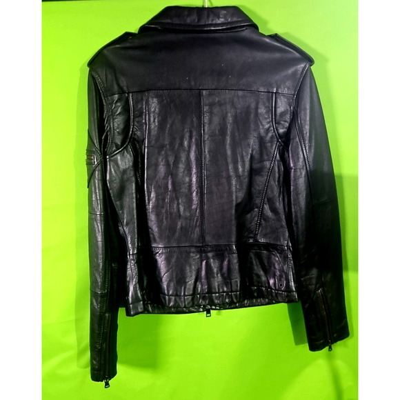 LEVI STRAUSS Co. BLACK LEATHER MOTORCYCLE BIKER JACKET-WOMEN-M -5 POCKET - Picture 9 of 13